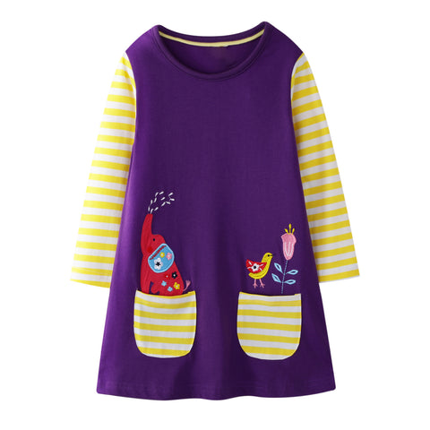 Vestido 100% algodón morado con bolsillos y mangas rayadas