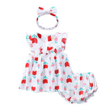 Maravilloso vestido flores rojas y rosadas, incluye calzón y cintillo