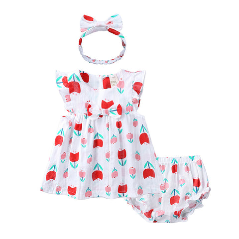 Maravilloso vestido flores rojas y rosadas, incluye calzón y cintillo