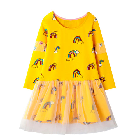 Vestido 100% algodón amarillo arcoiris con ruedo de tul