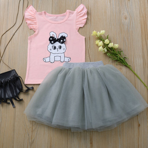 Precioso conjunto polera rosada 100% algodón diseño conejo y falda tutú gris