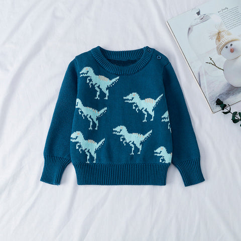 Sweater azul de lana con diseño dinosaurios