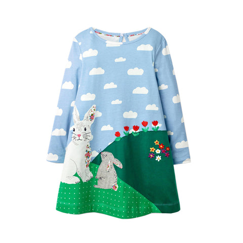 Vestido 100% algodón, lindo diseño paisaje y conejitos