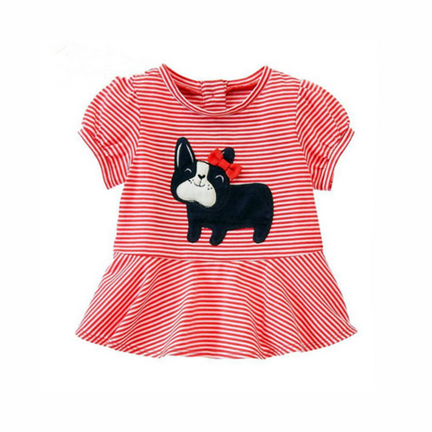 Preciosa polera larga tipo vestido roja rayada con tierno diseño perrito