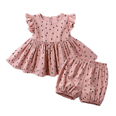 Conjunto delicado de lino de algodón rosado, incluye polera tipo vestido + short bombacha