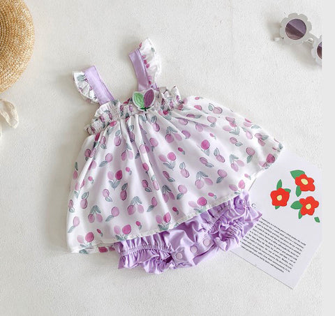 Coqueto y delicado conjunto dos piezas tonos lilas y frutas