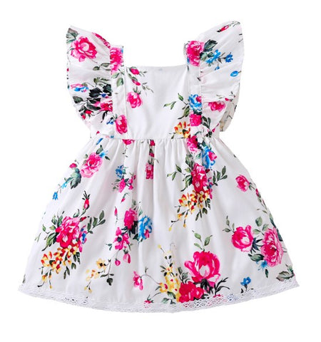 Precioso y colorido vestido de algodón con encajes, cuello cuadrado