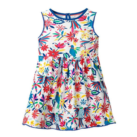 Precioso y floral vestido, hermosa y colorida tela floral con pajaritos