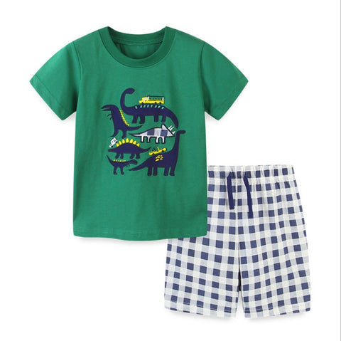 Conjunto dinosaurios, 100% algodón short cuadrillé
