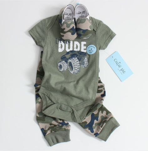 Conjunto tres piezas camuflado de recién nacido, incluye alpargatas, 100% algodón