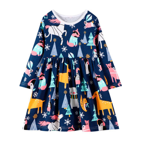 Colorido vestido de animalitos ilustrados, media estación 100% algodón