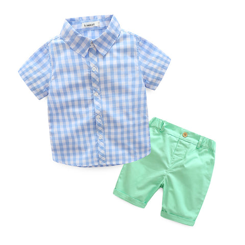 Conjunto casual camisa escocesa y short de tela tonos celeste