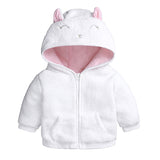 Chaqueta corderito de lana blanca forrada con cierre y diseño animalito