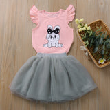Precioso conjunto polera rosada 100% algodón diseño conejo y falda tutú gris