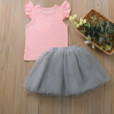 Precioso conjunto polera rosada 100% algodón diseño conejo y falda tutú gris