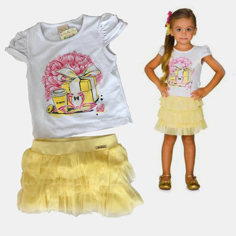 Conjunto falda tutu y polera 100% algodón, bello diseño y detalles de strass